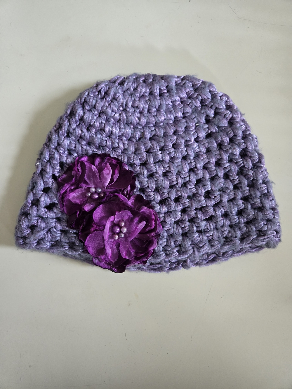 Crochet Lavender Beanie with Purple Flower Accents